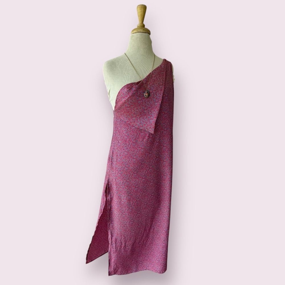 Vtg Pink Floral Silk Cover Up One Shoulder S/M Maxi Loungewear Resort Handmade